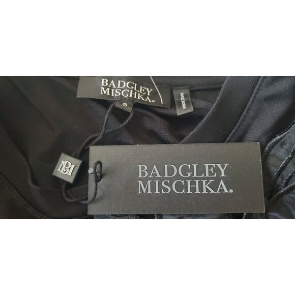 NWT BADGLEY MISCHKA BLACK BLOUSE FLOWER STONES DETAILS RUFFLE ACCENT TOP SMALL - Picture 7 of 9